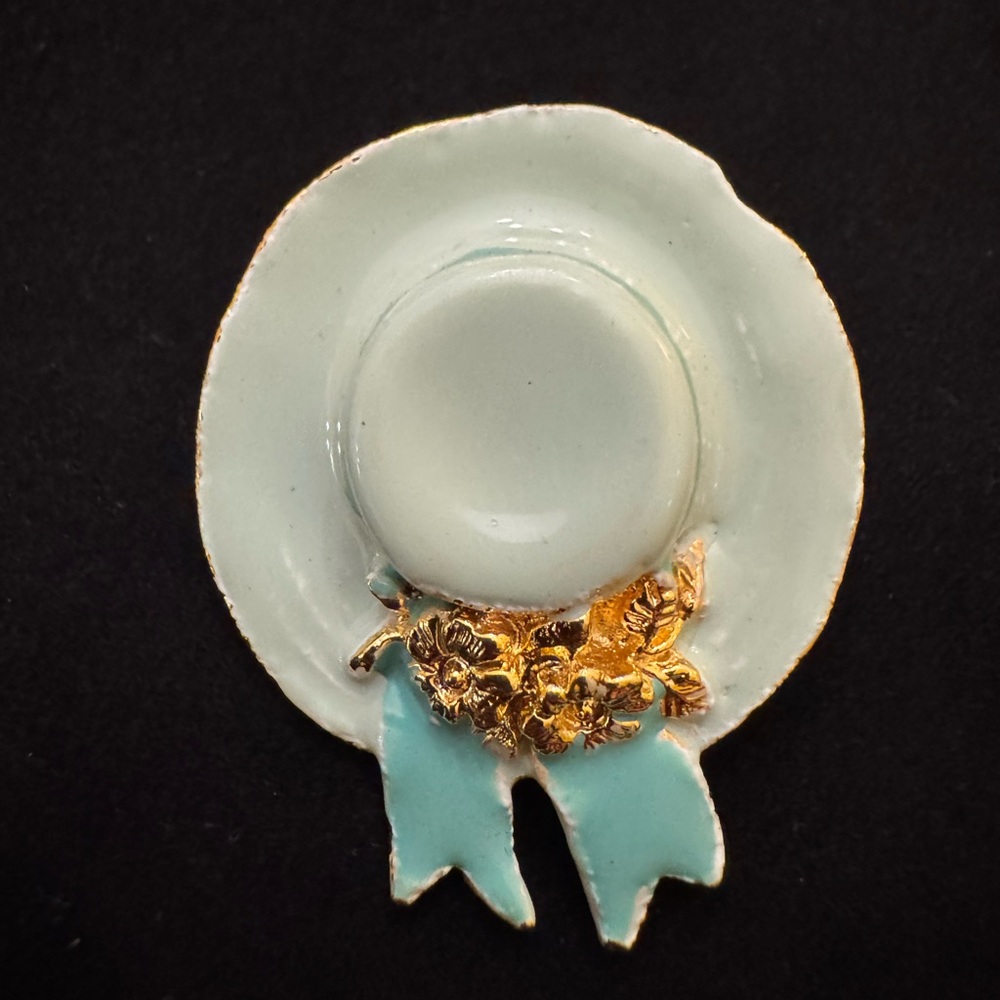 Vintage Enamel Bonnet Hat Brooch with Gold Floral Detail